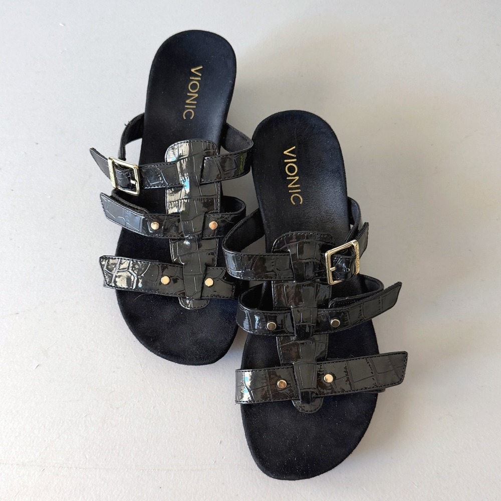 Vionic Black Croc Patent Leather Wedge Sandals Buckle Straps Womens 8 Wide